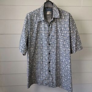 Cooke Street Honolulu Men's L Hawaiian Aloha Shirt Navy Blue Geometric Floral